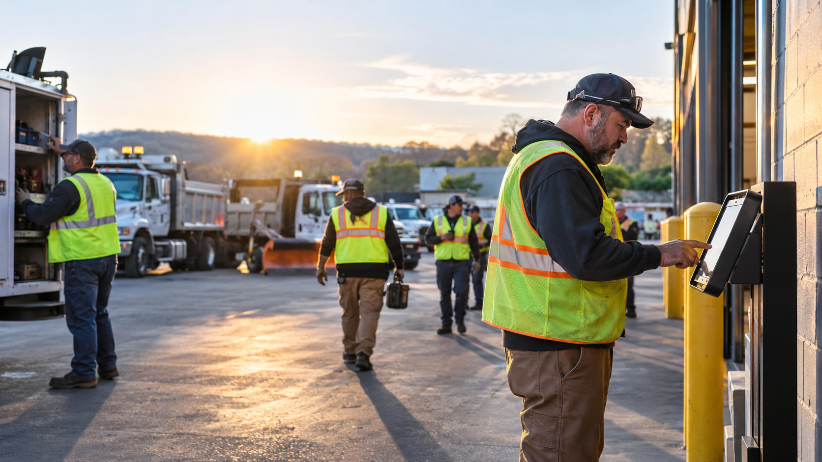 Public works employee in a safety vest using a wall-mounted self-service kiosk at a municipal yard at sunrise, with crew members and dump trucks behind him