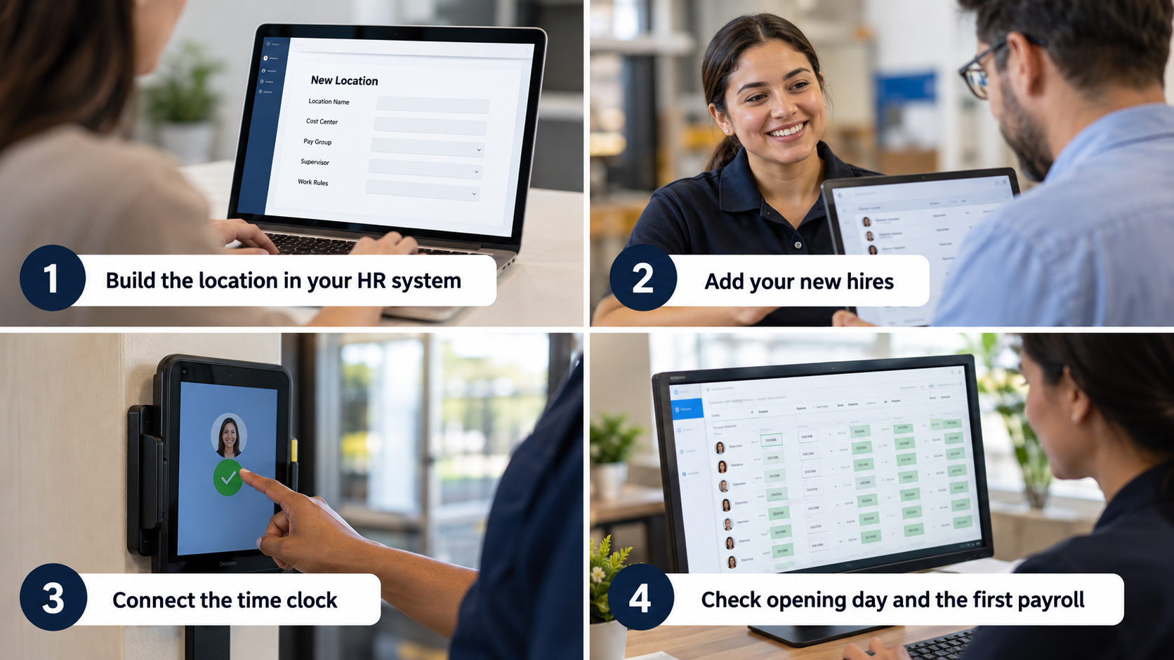 Four-step time clock implementation checklist for a new location: build the location in your HR system, add new hires, connect the time clock, and check opening day and the first payroll