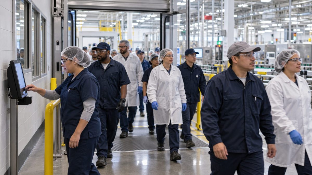 Worker in a hairnet and safety glasses clocking in at a wall-mounted tablet time clock at the production floor entrance while her crew walks in without cell phones