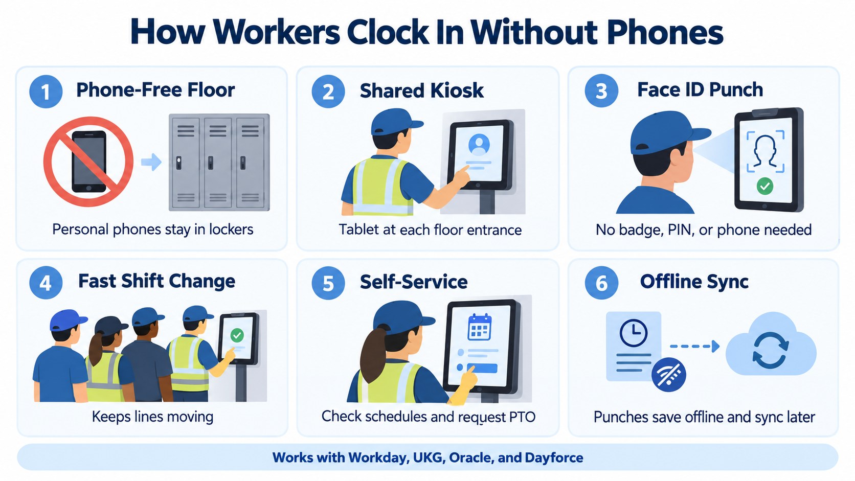 Infographic on how workers clock in without phones: personal phones stay in lockers, a shared tablet kiosk at each floor entrance, Face ID punches with no badge or PIN, fast shift change, self-service for schedules and PTO, and offline punch sync