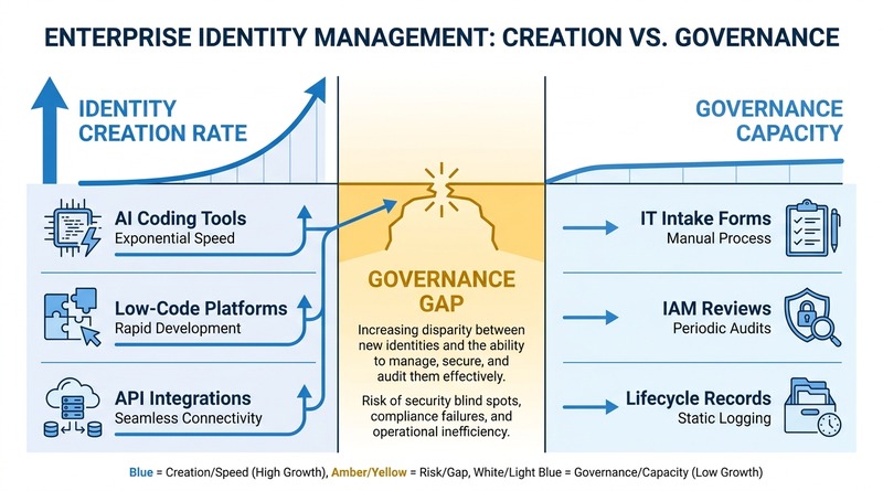 AI-built app machine identity creation rate enterprise governance gap infographic
