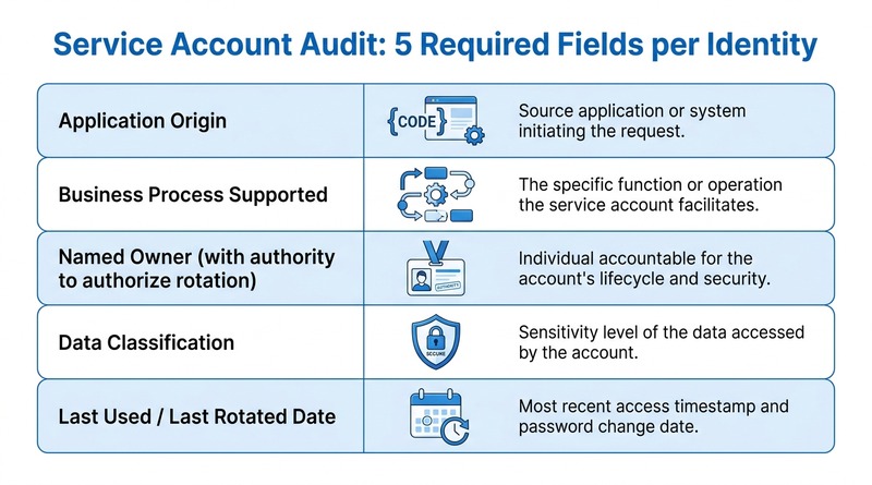 service account audit framework five fields ownership remediation enterprise