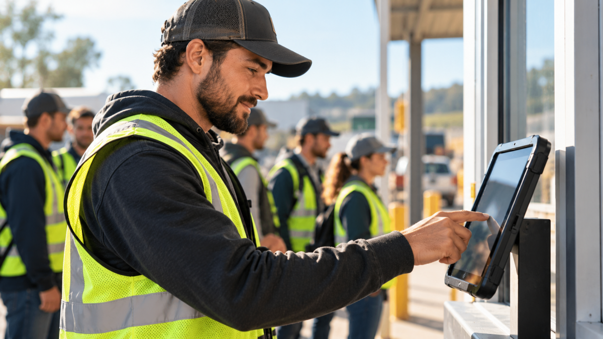 Seasonal worker in a high-visibility vest clocking in on a wall-mounted tablet time clock while his crew waits in line