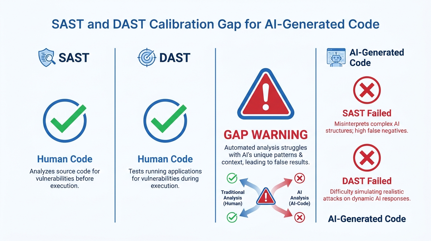 SAST DAST calibration gap infographic AI-assisted development