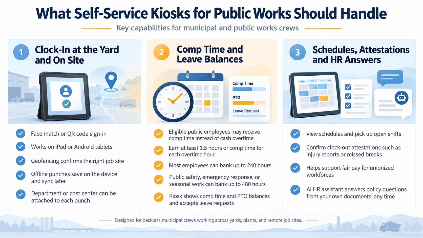 Infographic of self-service kiosks for public works covering clock-in at the yard and on site, comp time and leave balances, and schedules, attestations and HR answers