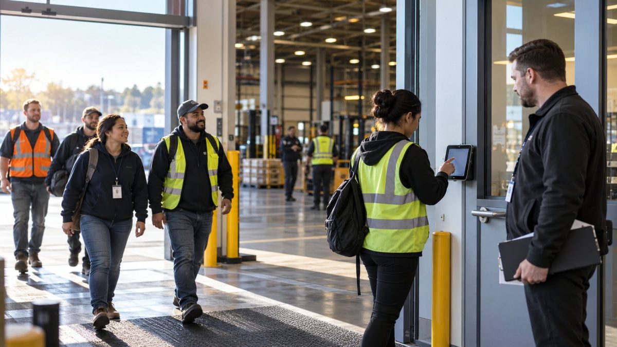 Temporary agency workers clocking in on a wall-mounted time clock for agency workers at a warehouse entrance
