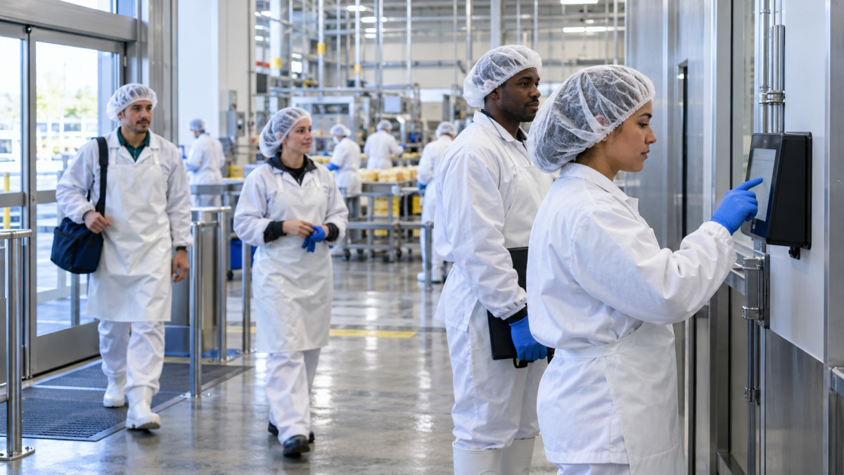 Food processing plant workers in hairnets and white coats clock in at a wall-mounted tablet time clock by the production floor entrance