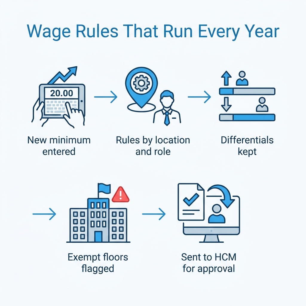 CloudApper wage rules flow for annual minimum wage updates