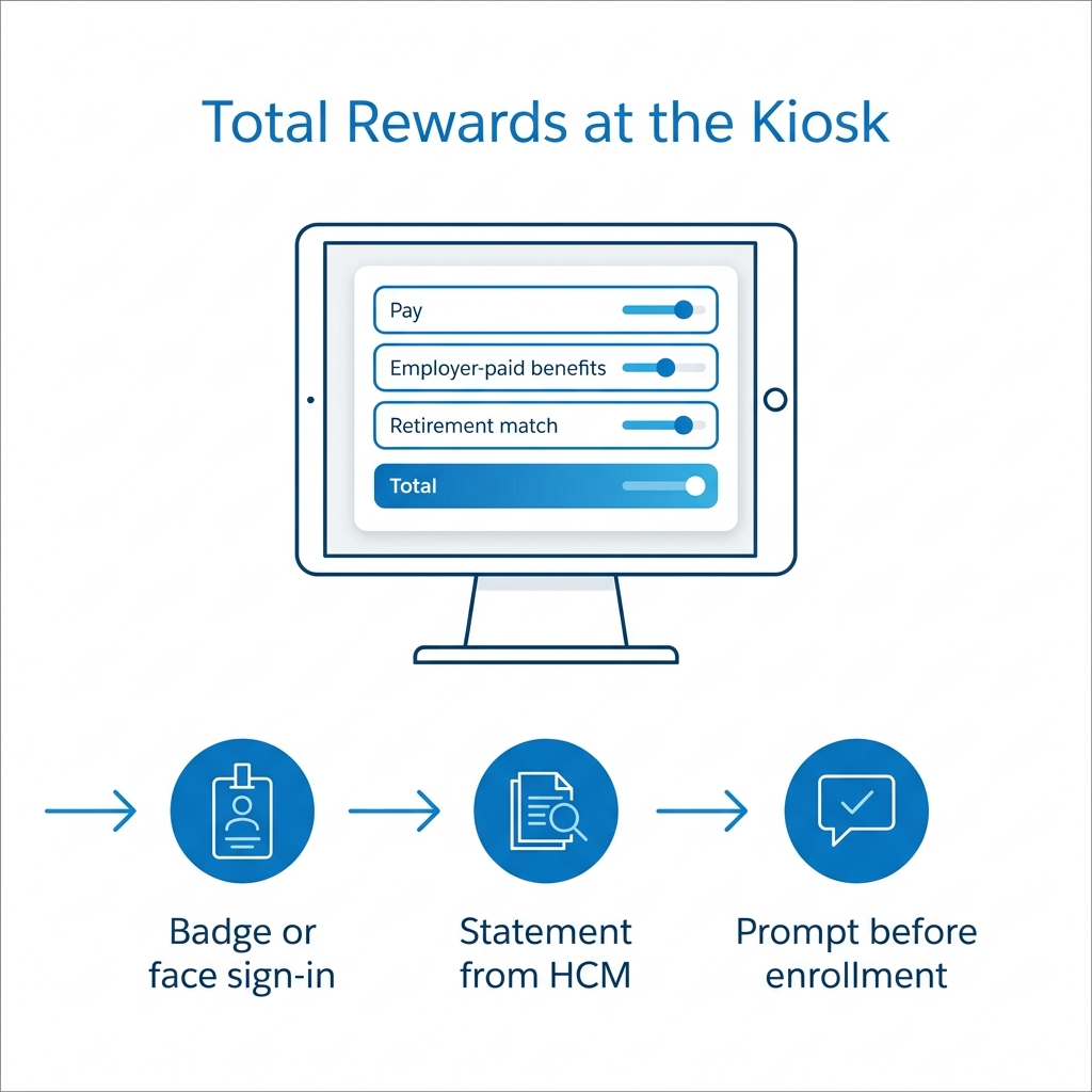 CloudApper hrPad showing total rewards at a shared kiosk