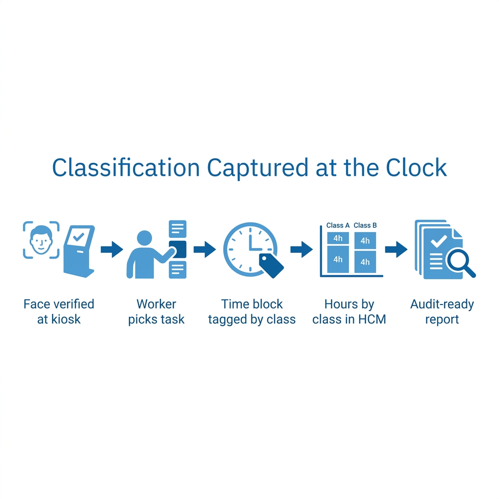 CloudApper AI TimeClock capturing workers' comp class at punch