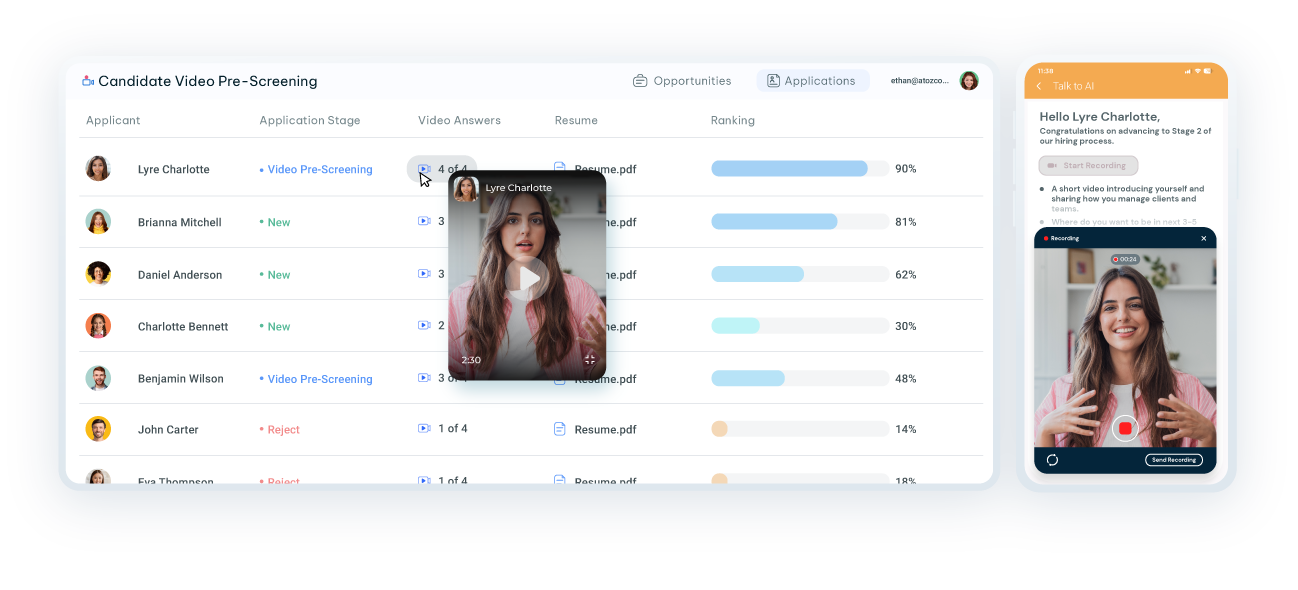 Candidate Video Pre-Screening review queue showing applicants, resumes, video answers, and status